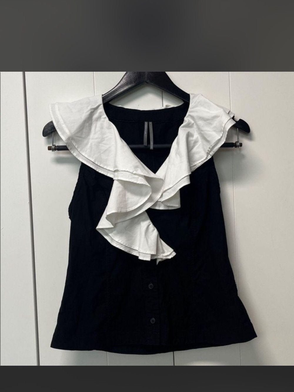 Anthropologie Black Sleeveless Button Front Top with White Ruffle Collar